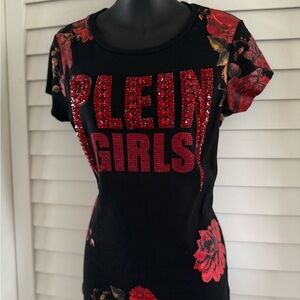 Phillip Plein Couture Black & Red Floral ‘Plein Girls’ Rhinestone Top NWOT